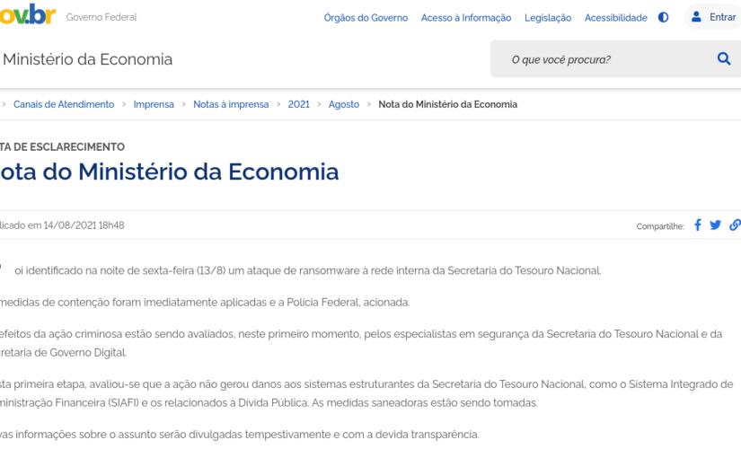 Ministério da Economia confirma ataque de ransomware