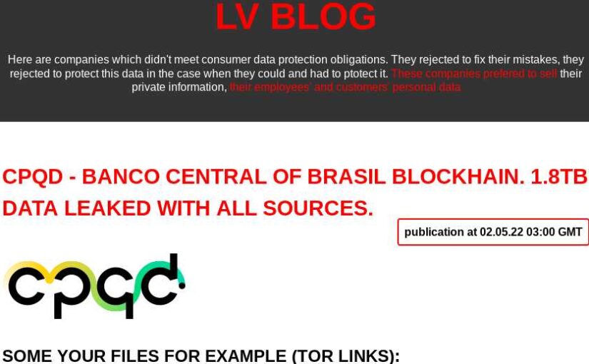Ransomware LV vaza dados que atribui ao CPqD e Banco Central