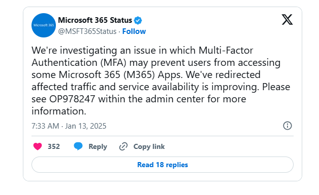 Microsoft 365 MFA Outage Fixed